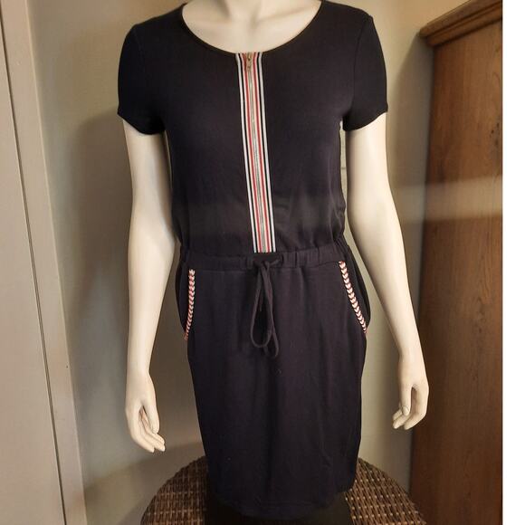 Venus Navy Blue Striped Hem Dress Sz Small Contrast Hem Zipper Fun Cute Sporty - Picture 1 of 13